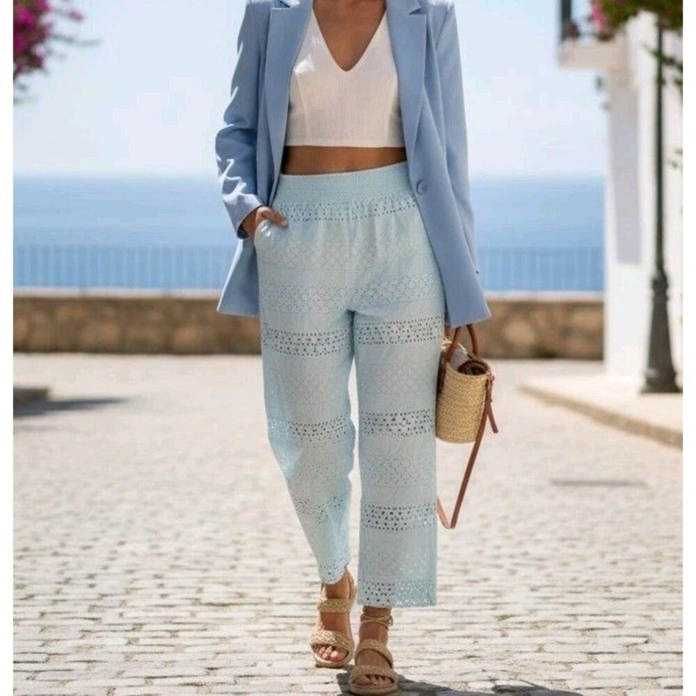 Alice + Olivia XL Russell Eyelet Lace Pants Smocked Waist Light Blue Coastal